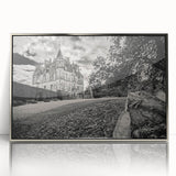 Framed acrylic wall art showcasing a stunning landscape of a castle design, featuring intricate details and a sleek silver frame, perfect for home decor enhancement.