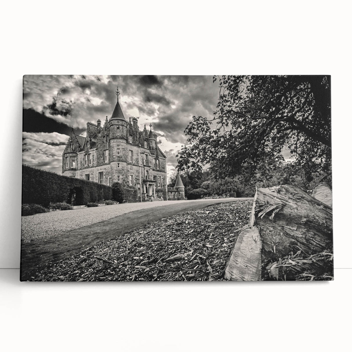 Stretched canvas featuring a picturesque landscape with a majestic castle, vibrant colors, and intricate details, perfect for enhancing any room's decor.