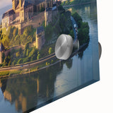 Close-up of a vibrant landscape castle wall art design printed on acrylic glass, showcasing intricate details and vivid colors, ideal for home decor.