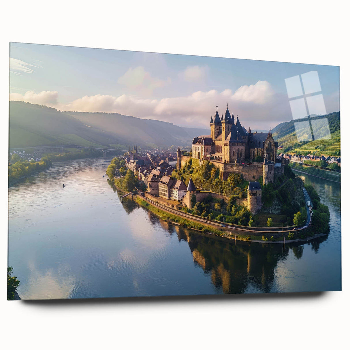Side view of a vibrant acrylic glass wall art piece showcasing a picturesque castle landscape, ideal for home decor, with a sleek design and no visible pins.