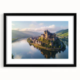 Elegant black-framed wall art featuring a scenic landscape with a majestic castle, ideal for home decor. The design includes a white mat for a polished look, enhancing any interior space.