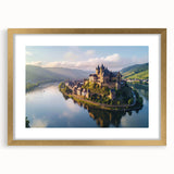 Gold-framed wall art showcasing a picturesque landscape of a historic castle, beautifully matted, ideal for enhancing home decor with an elegant touch.
