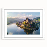 Framed wall art featuring a picturesque landscape of a castle, elegantly matted in white, showcasing intricate details and vibrant colors, ideal for home decor.