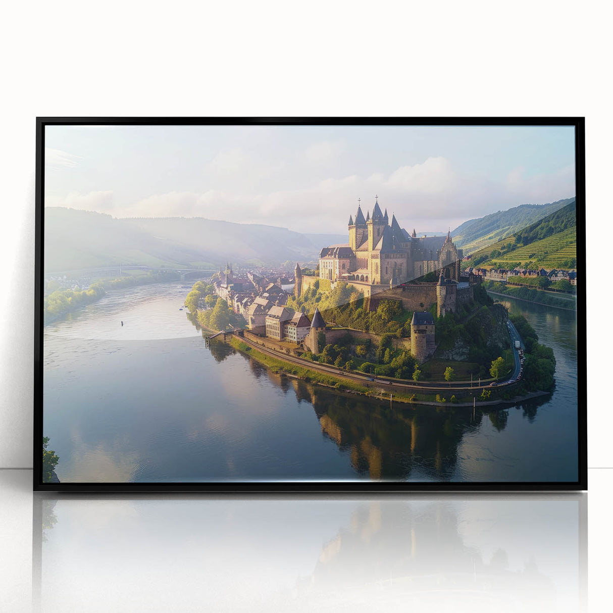 Framed landscape wall art collection featuring a stunning castle design with a sleek black frame, perfect for enhancing home decor and interior aesthetics.