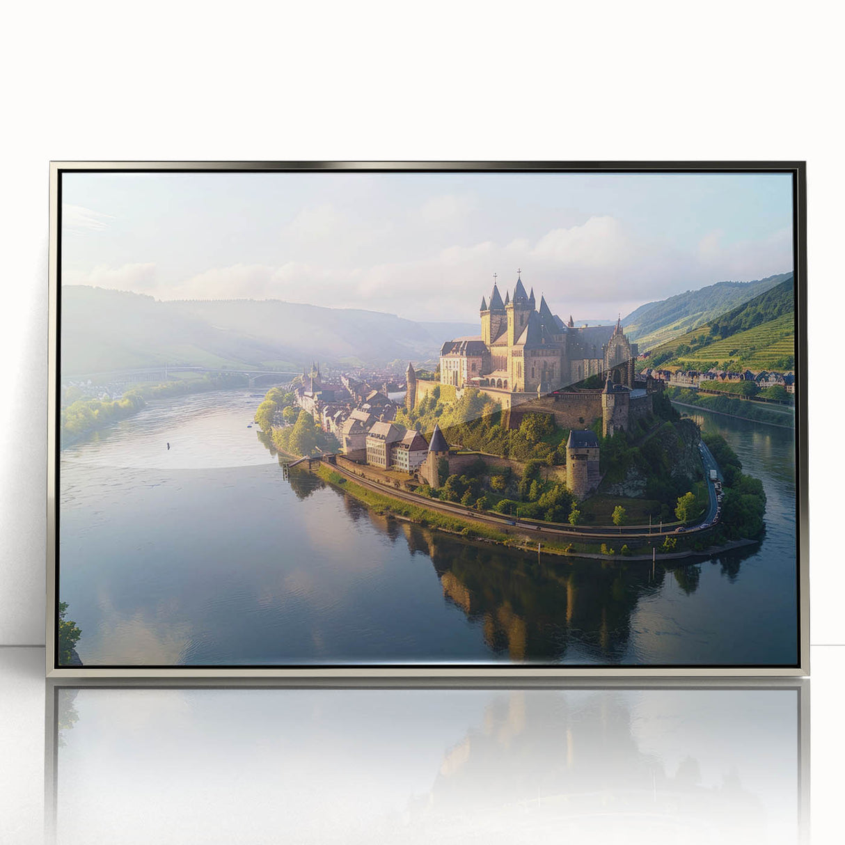 Framed acrylic wall art showcasing a stunning landscape with a castle, featuring a silver frame that enhances its elegance, perfect for home decor.