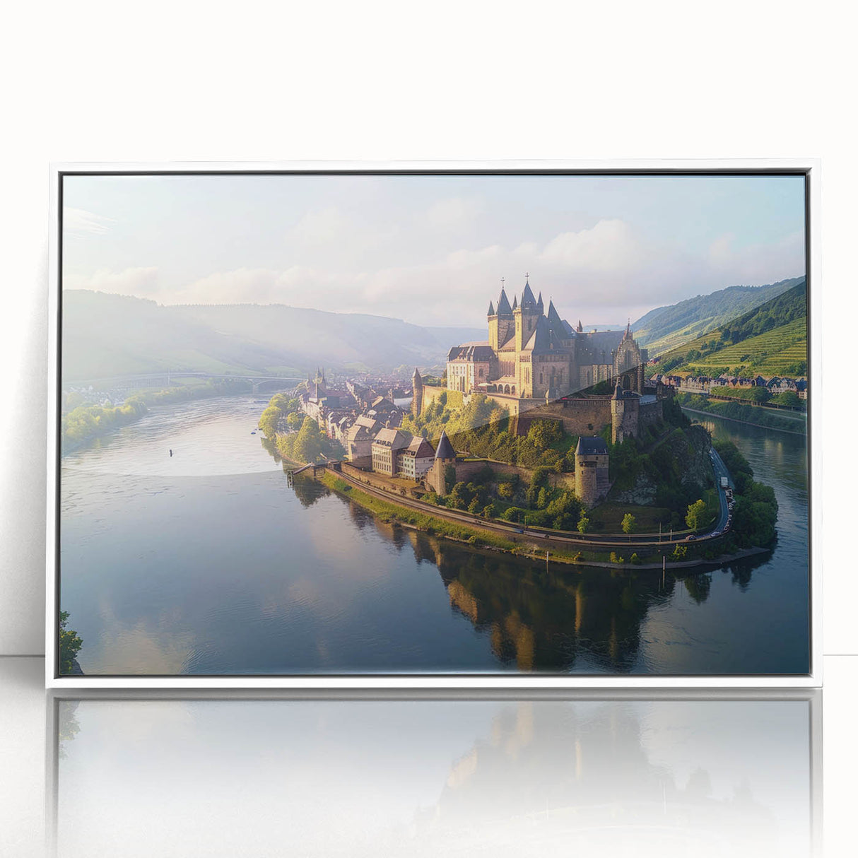 Framed wall art showcasing a stunning landscape castle design in a white frame, ideal for home decor. This acrylic piece adds elegance and charm to any space.