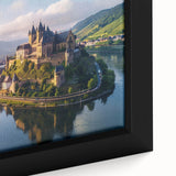 Close-up of a beautifully framed canvas wall art piece depicting a serene landscape with a majestic castle, showcasing vibrant colors and intricate details, perfect for home decor.