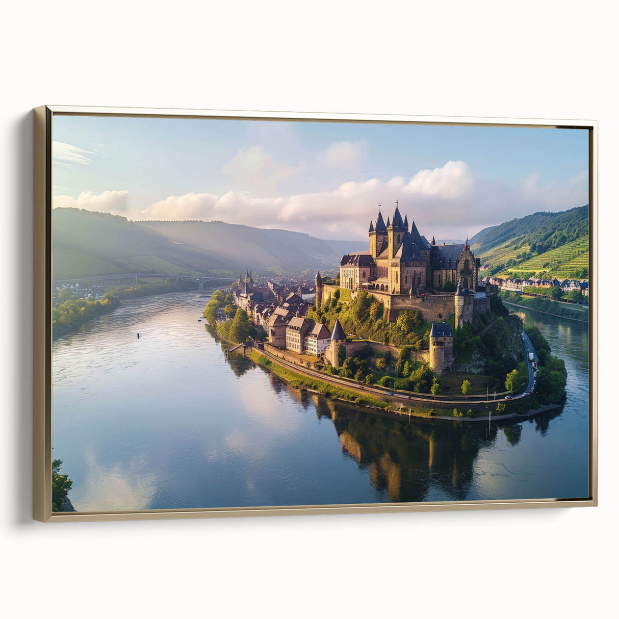 Framed wall art featuring a stunning landscape of a castle, with vibrant colors and intricate details, set against a gold frame, ideal for home decor.