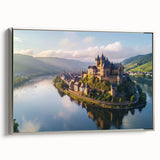 Framed canvas wall art showcasing a serene landscape with a majestic castle, elegantly designed with a silver frame, ideal for home decor and art enthusiasts.