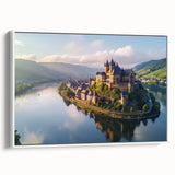 Framed canvas wall art showcasing a stunning landscape with a majestic castle, featuring vibrant colors and intricate details, displayed in a stylish white frame.