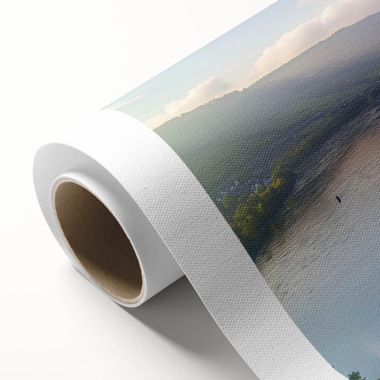 Rolled canvas showcasing a vibrant landscape featuring a majestic castle surrounded by lush greenery and a clear blue sky, ideal for home decor or art collection.