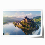 Landscape wall art print showcasing a majestic castle surrounded by lush greenery and a clear blue sky, rolled and ready for framing, perfect for home decor.