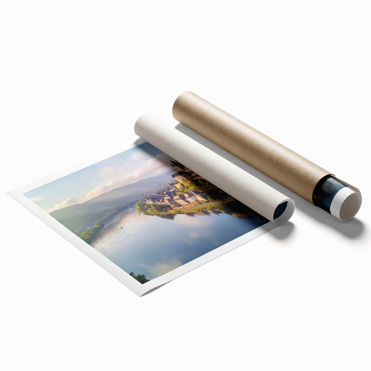 Rolled print of a majestic castle landscape, showcasing intricate architectural details and vibrant colors, designed for wall art display in home decor.