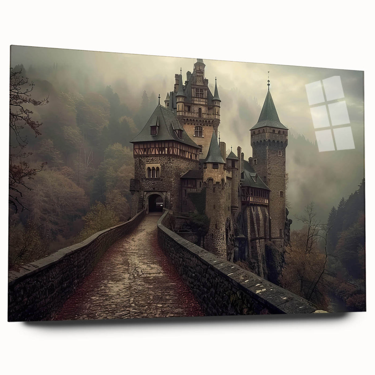 Acrylic glass wall art showcasing a vibrant landscape with a medieval castle, framed elegantly, perfect for home decor. Ideal for adding a touch of history and color to any room.