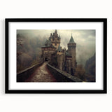 Black-framed wall art featuring a stunning landscape design of a majestic castle, elegantly matted for display, showcasing intricate details and vibrant colors. Perfect for enhancing home decor or office spaces, this art piece combines classic elegance with modern style, ideal for castle enthusiasts and art collectors alike.