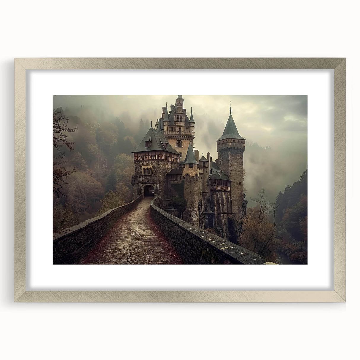 Framed silver wall art featuring a picturesque landscape of a majestic castle, enhanced with a mat for added elegance, perfect for home decor enthusiasts.