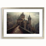 Framed silver wall art featuring a picturesque landscape of a majestic castle, enhanced with a mat for added elegance, perfect for home decor enthusiasts.