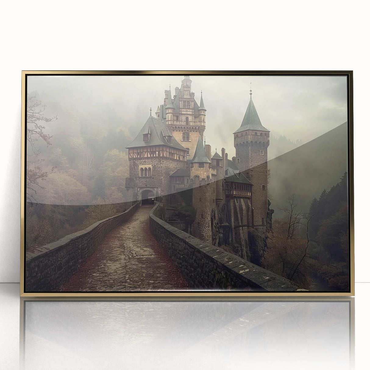 Framed acrylic wall art showcasing a stunning landscape with a castle, featuring a gold frame that enhances the vibrant colors of the artwork, perfect for home decor.