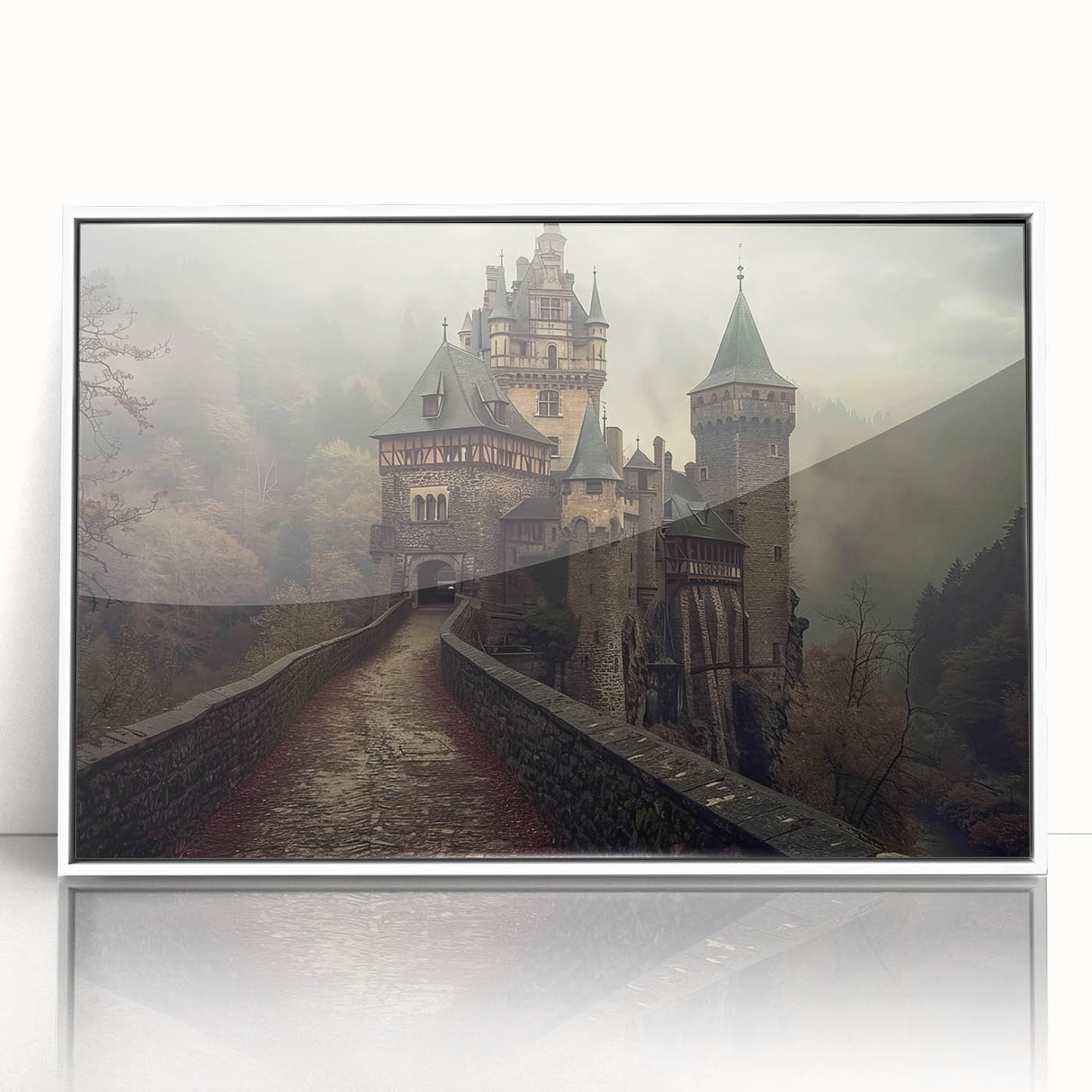 Framed wall art featuring a stunning landscape design with a castle surrounded by lush greenery and a vibrant blue sky. The acrylic frame enhances the artistic detail, making it a perfect accent for modern home decor.