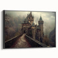 Framed canvas wall art showcasing a stunning landscape castle design with rich colors and intricate details, set against a sleek black frame for modern decor.