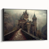 Framed canvas wall art showcasing a stunning landscape castle design with rich colors and intricate details, set against a sleek black frame for modern decor.