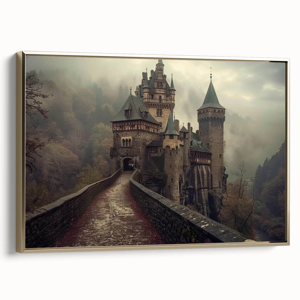Framed canvas wall art showcasing a stunning landscape of a castle, featuring rich gold accents and intricate details, ideal for elegant home decor.