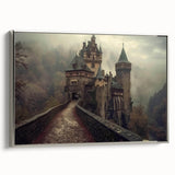 Framed canvas wall art showcasing a stunning landscape with a castle, presented in a sleek silver frame, perfect for home decor and interior design enhancement.
