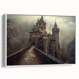 Framed canvas wall art showcasing a stunning landscape with a majestic castle, presented in a white frame, perfect for enhancing modern home decor. The artwork features vibrant colors and intricate details that evoke a sense of tranquility and elegance, ideal for living rooms or offices.