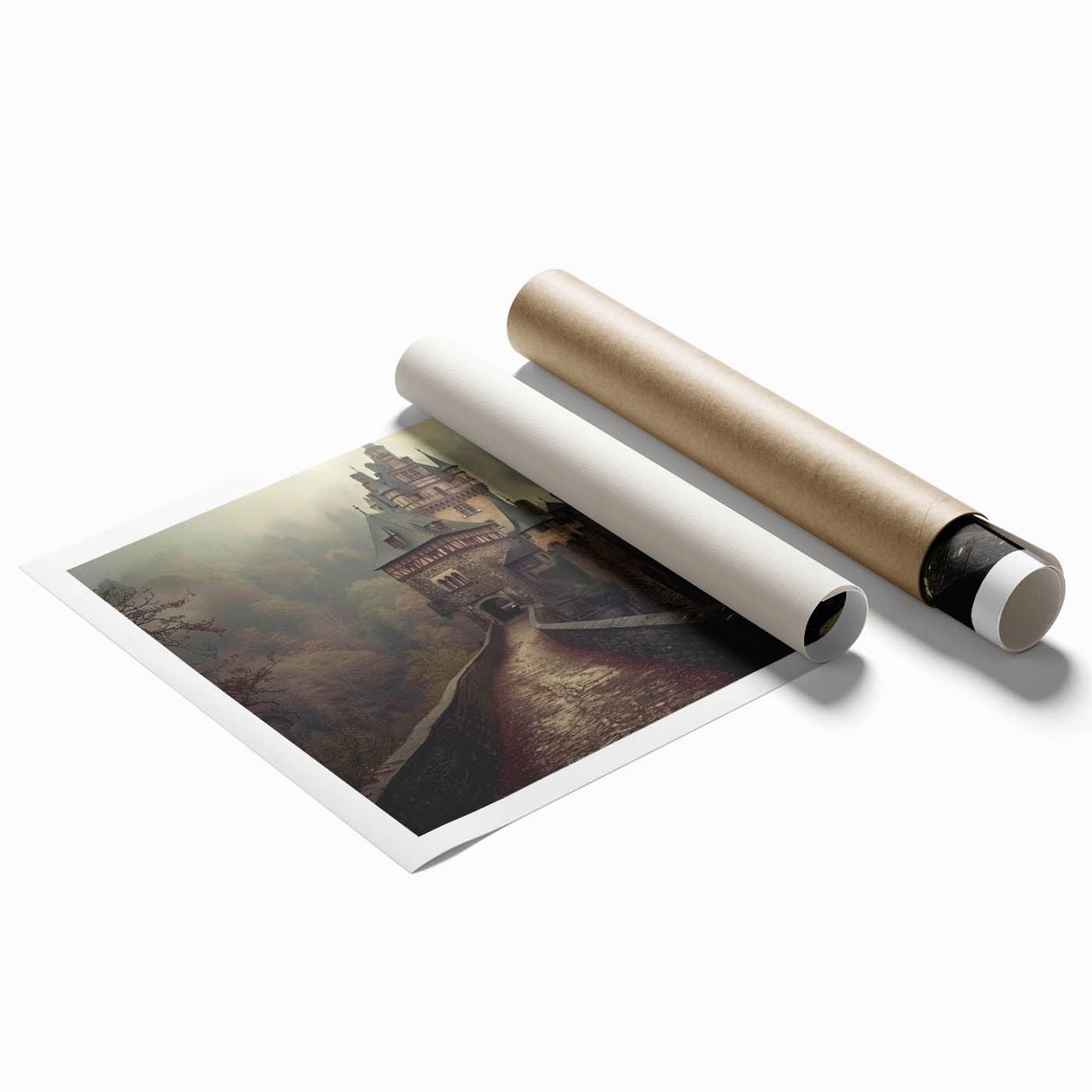 Rolled print of a scenic landscape featuring a majestic castle surrounded by lush greenery and a serene blue sky, ideal for home decor.