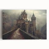 Stretched canvas wall art showcasing a vibrant landscape of a majestic castle surrounded by lush greenery and dramatic skies, perfect for enhancing home décor.