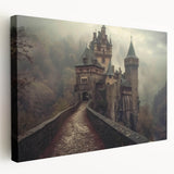 Stretched canvas wall art depicting a picturesque landscape with a majestic castle, vibrant colors, and intricate details, ideal for home decor and interior design.