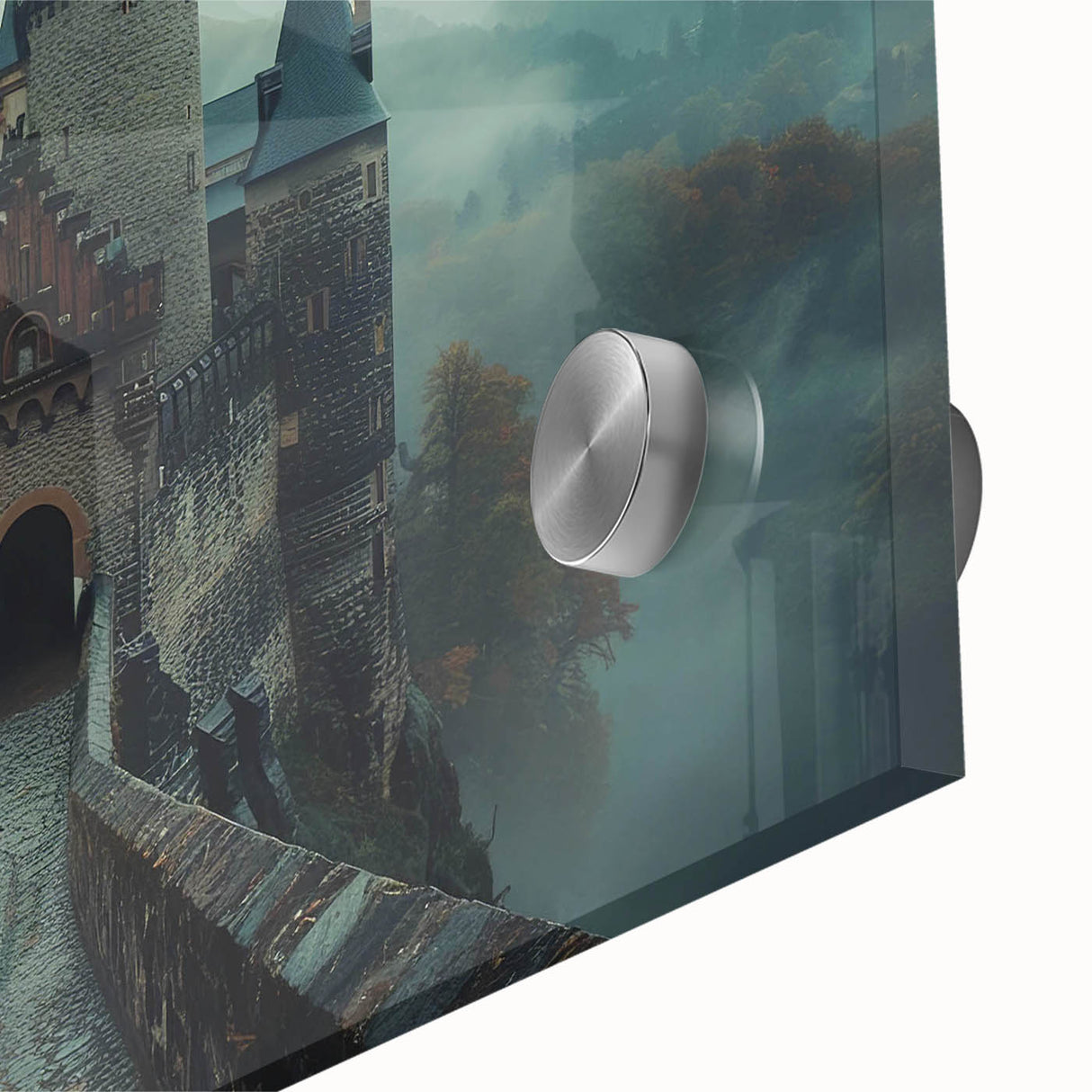 Close-up of a stunning acrylic glass wall art piece showcasing a vibrant landscape with castles, featuring rich colors and intricate details, perfect for home decor.