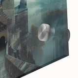 Close-up of a stunning acrylic glass wall art piece showcasing a vibrant landscape with castles, featuring rich colors and intricate details, perfect for home decor.