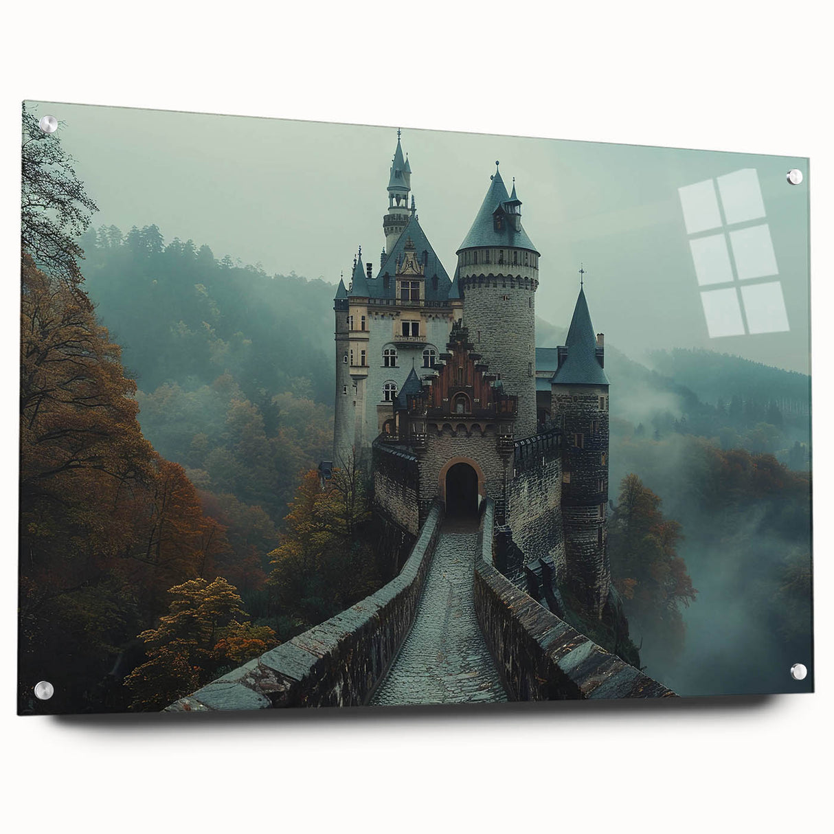 Acrylic glass wall art featuring a vibrant landscape with a castle design, mounted with pins for display, showcasing intricate details and vivid colors in a contemporary setting.