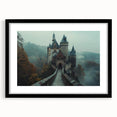 Framed wall art showcasing a stunning landscape with a castle design, set in a sleek black frame with a mat, perfect for home decor or office aesthetics.