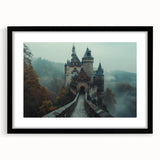 Framed wall art showcasing a stunning landscape with a castle design, set in a sleek black frame with a mat, perfect for home decor or office aesthetics.