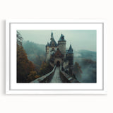 Framed wall art showcasing a picturesque landscape featuring a majestic castle surrounded by lush greenery, presented in a sleek white mat for an elegant finish.