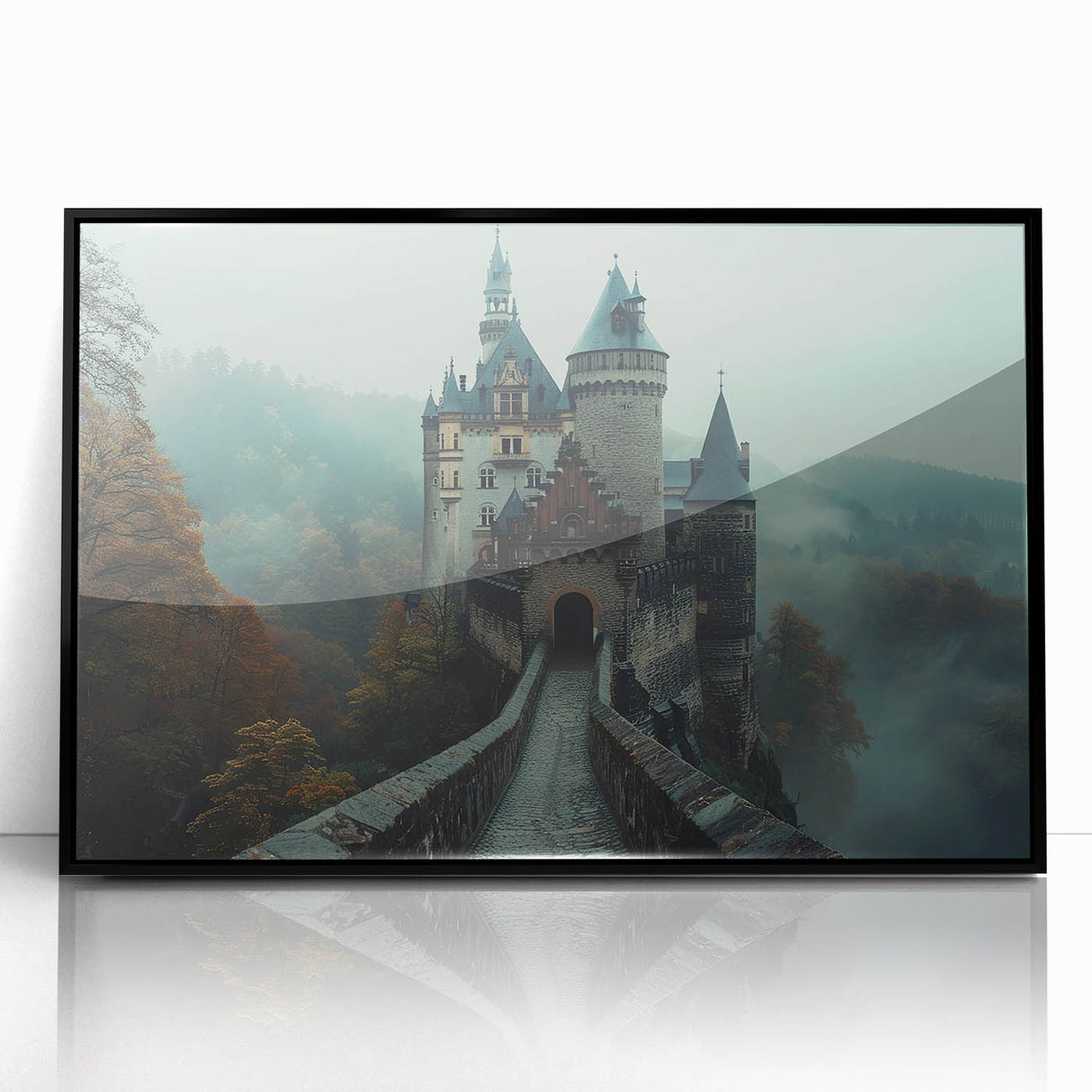 Framed acrylic wall art showcasing a picturesque landscape with a majestic castle, featuring a sleek black frame for contemporary decor. Perfect for enhancing home interiors.