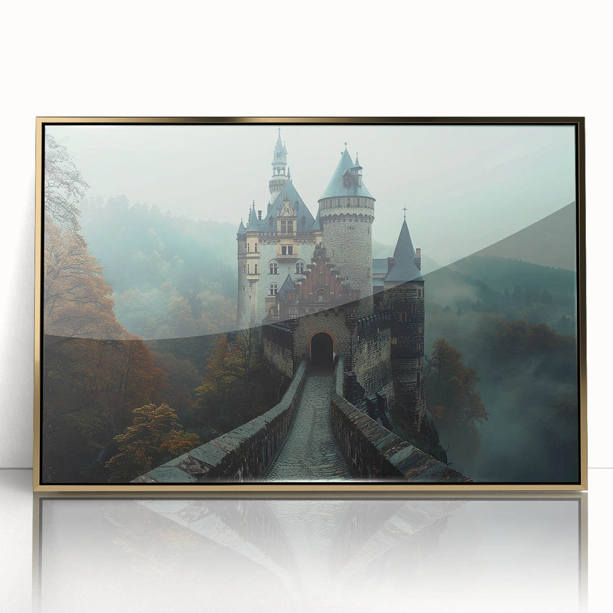Framed wall art showcasing a stunning landscape with a castle, designed in a gold-accented acrylic frame, perfect for enhancing home decor and interior aesthetics.