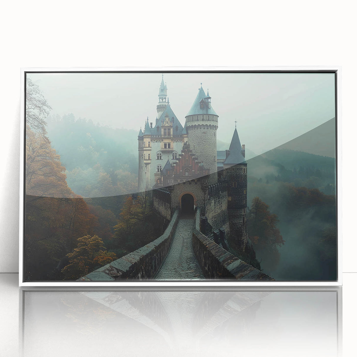 Framed acrylic wall art showcasing a stunning landscape with a majestic castle, featuring vibrant colors and intricate details, perfect for home decor.