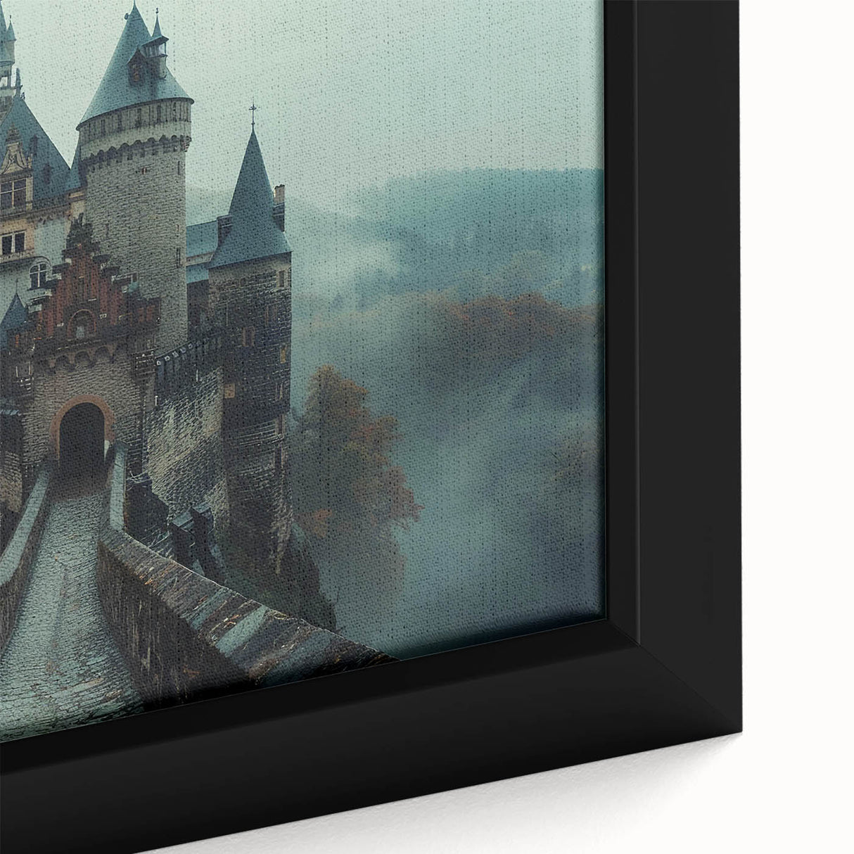 Close-up of a framed canvas wall art piece showcasing a majestic landscape with a castle, surrounded by lush greenery, vibrant colors, and intricate details. Perfect for enhancing home decor.
