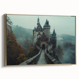 Framed canvas wall art showcasing an elegant castle landscape design with gold accents, perfect for enhancing home decor. Side view highlights its premium quality.