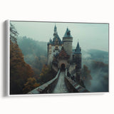 Framed canvas wall art showcasing a picturesque landscape with a majestic castle, featuring vibrant colors and intricate details, perfect for home decor.