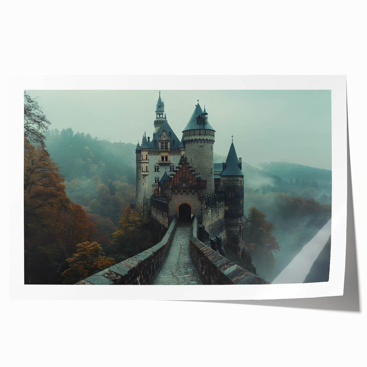 Stunning rolled print of a picturesque landscape featuring a majestic castle surrounded by lush greenery, perfect for home decor and art enthusiasts.