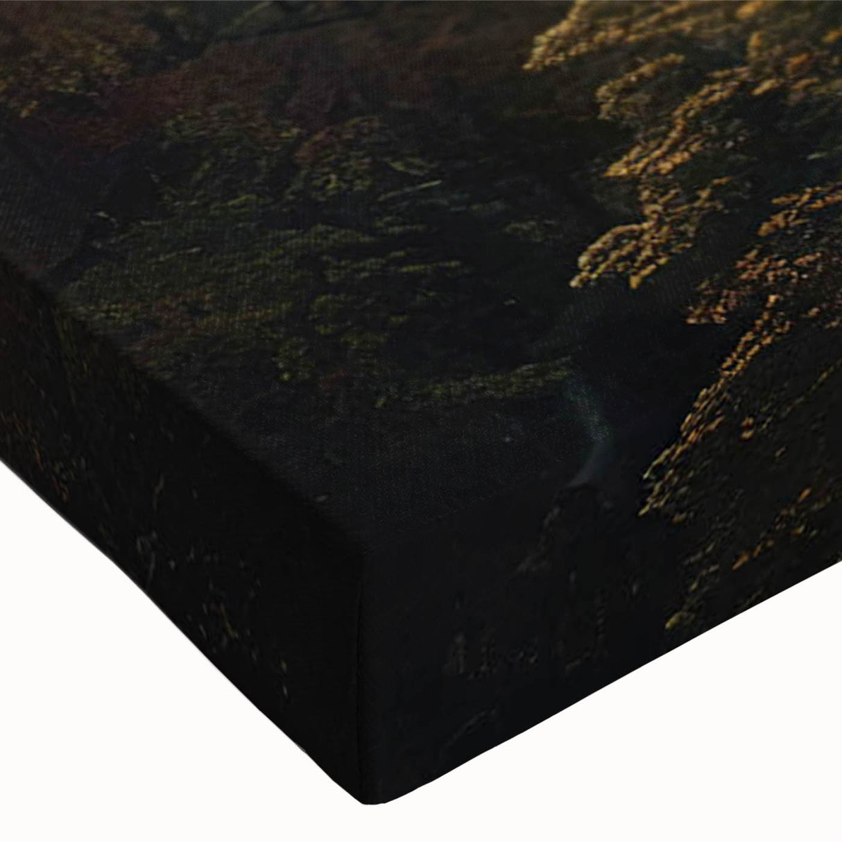 Close-up of a stretched canvas featuring a detailed landscape of a majestic castle surrounded by lush greenery, perfect for home decor enthusiasts seeking elegant wall art.