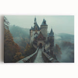Stretched canvas wall art showcasing a vibrant landscape of a majestic castle surrounded by lush greenery, perfect for enhancing home decor with a touch of elegance.