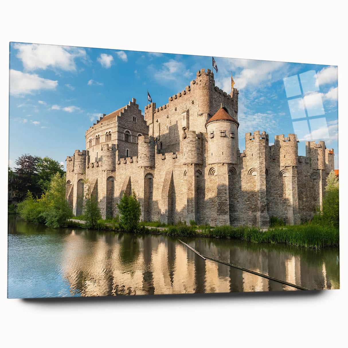 Acrylic wall art piece showcasing a stunning landscape castle design, viewed from the side, featuring vibrant colors and a sleek glass finish, perfect for home decor.