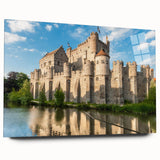 Acrylic wall art piece showcasing a stunning landscape castle design, viewed from the side, featuring vibrant colors and a sleek glass finish, perfect for home decor.