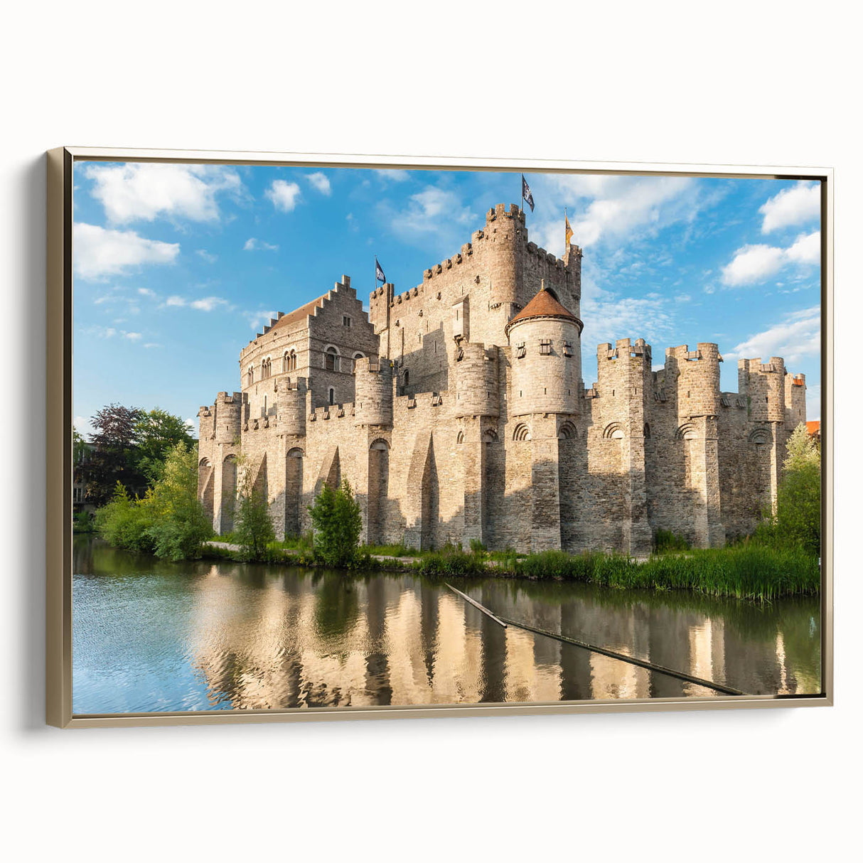 Framed canvas wall art showcasing a stunning landscape with a majestic castle, accented with gold trim, perfect for elegant home decor. Ideal for enhancing living spaces.