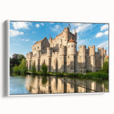 Framed canvas wall art showcasing a picturesque landscape with a majestic castle, featuring a white frame and a side view, perfect for home decor.